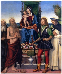 Madonna and Child enthroned with saints Anthony the Abbot, Job, Vitus and Peter Martyr